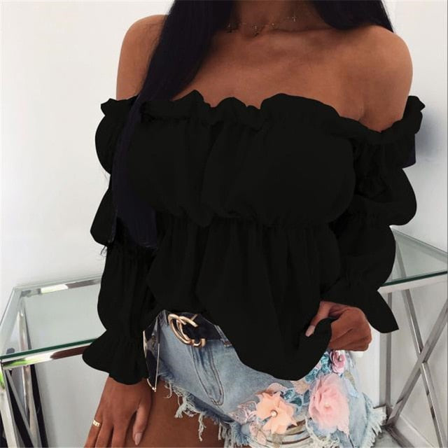 Elegant Women Off Shoulder Chiffon Blouse Fashion Solid Color Pleated Sexy Shirt 2021 New Womens Office Street Tops and Blouses