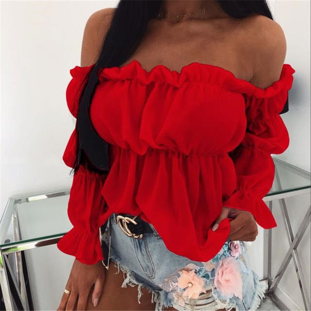 Elegant Women Off Shoulder Chiffon Blouse Fashion Solid Color Pleated Sexy Shirt 2021 New Womens Office Street Tops and Blouses
