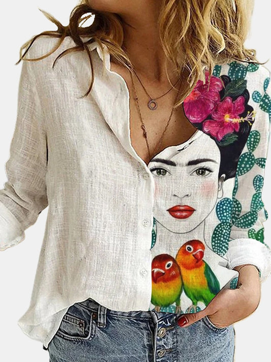 Cotton Polyester White Stitching Portrait Floral Print Shirt Turn-Down Long Sleeve Top Lady Office Button Plus Size Casual Blusa