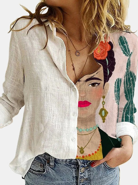 Cotton Polyester White Stitching Portrait Floral Print Shirt Turn-Down Long Sleeve Top Lady Office Button Plus Size Casual Blusa