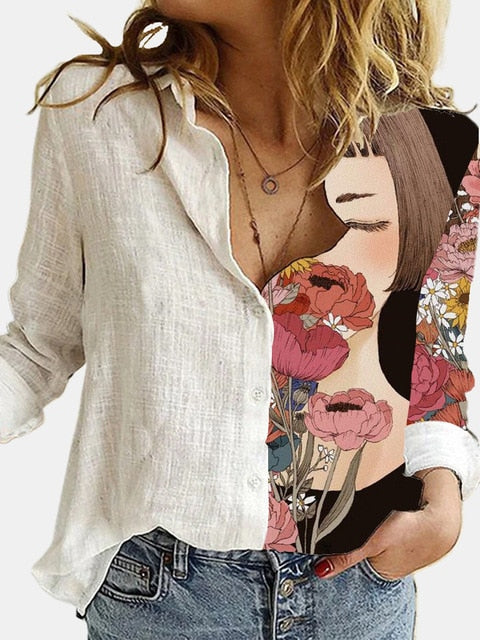Cotton Polyester White Stitching Portrait Floral Print Shirt Turn-Down Long Sleeve Top Lady Office Button Plus Size Casual Blusa