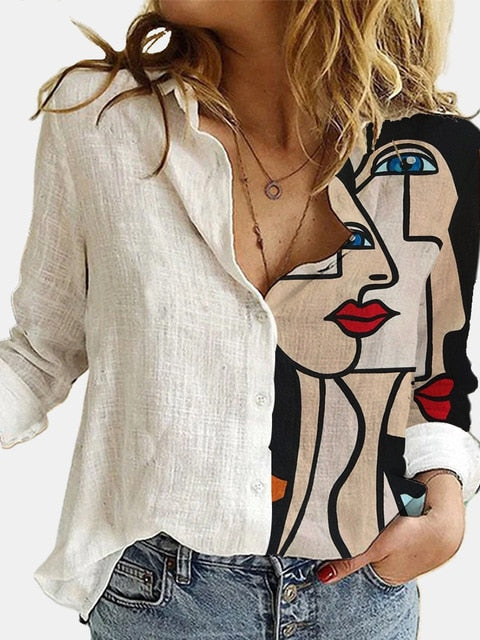 Cotton Polyester White Stitching Portrait Floral Print Shirt Turn-Down Long Sleeve Top Lady Office Button Plus Size Casual Blusa