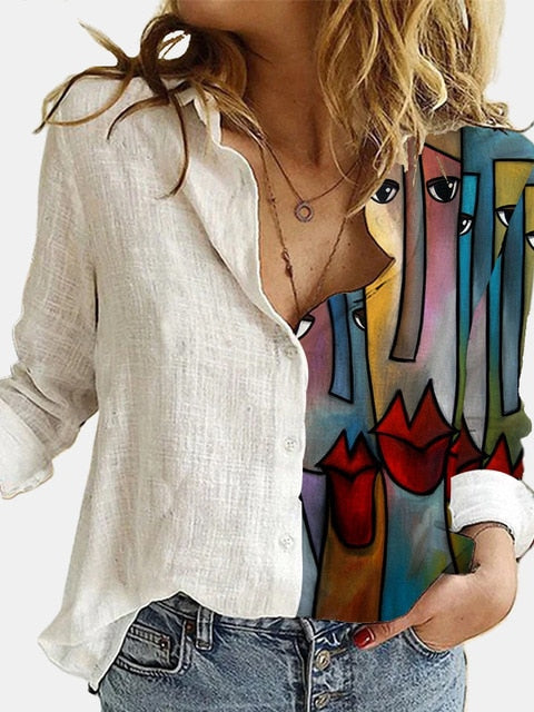 Cotton Polyester White Stitching Portrait Floral Print Shirt Turn-Down Long Sleeve Top Lady Office Button Plus Size Casual Blusa