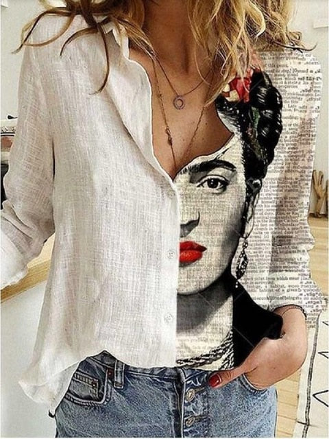 Cotton Polyester White Stitching Portrait Floral Print Shirt Turn-Down Long Sleeve Top Lady Office Button Plus Size Casual Blusa