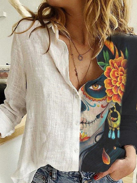 Cotton Polyester White Stitching Portrait Floral Print Shirt Turn-Down Long Sleeve Top Lady Office Button Plus Size Casual Blusa