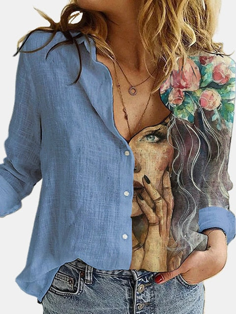 Cotton Polyester White Stitching Portrait Floral Print Shirt Turn-Down Long Sleeve Top Lady Office Button Plus Size Casual Blusa