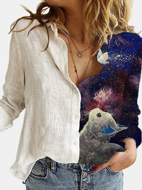 Cotton Polyester White Stitching Portrait Floral Print Shirt Turn-Down Long Sleeve Top Lady Office Button Plus Size Casual Blusa