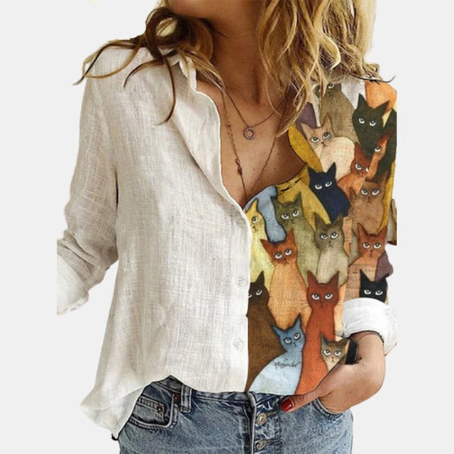 Cotton Polyester White Stitching Portrait Floral Print Shirt Turn-Down Long Sleeve Top Lady Office Button Plus Size Casual Blusa