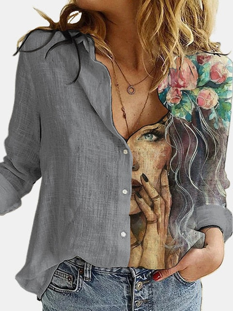 Cotton Polyester White Stitching Portrait Floral Print Shirt Turn-Down Long Sleeve Top Lady Office Button Plus Size Casual Blusa