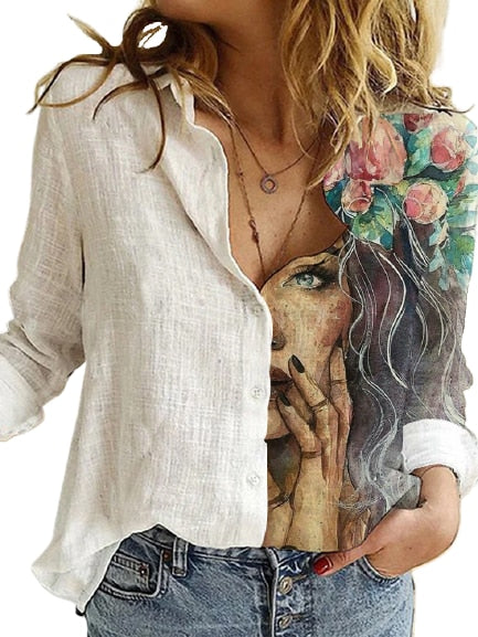 Cotton Polyester White Stitching Portrait Floral Print Shirt Turn-Down Long Sleeve Top Lady Office Button Plus Size Casual Blusa