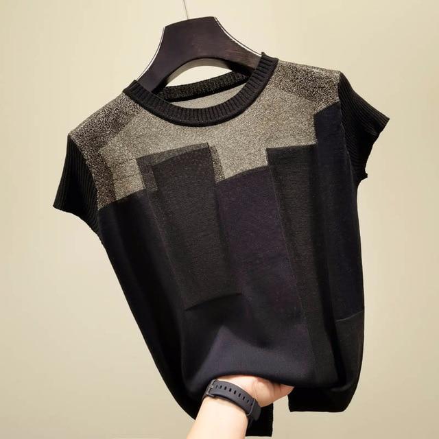 Korean Patchwork Ice Silk Knitted Tops Blusas Mujer De Moda 2020 Women O-neck Short Sleeve Pullover Fashion Thin Blouse 8796