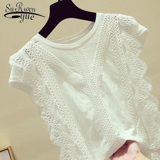 Korean New Fashion Clothing Plus Size Solid Shirt Women Blouse Summer 2020 Womens Tops and Blouses Lace Patchwork Blusas 4835 50