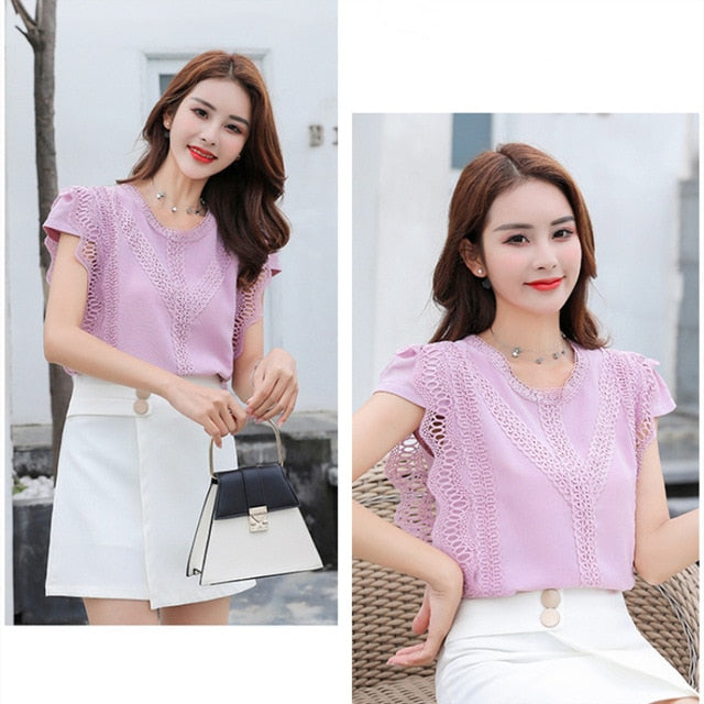 Korean New Fashion Clothing Plus Size Solid Shirt Women Blouse Summer 2020 Womens Tops and Blouses Lace Patchwork Blusas 4835 50