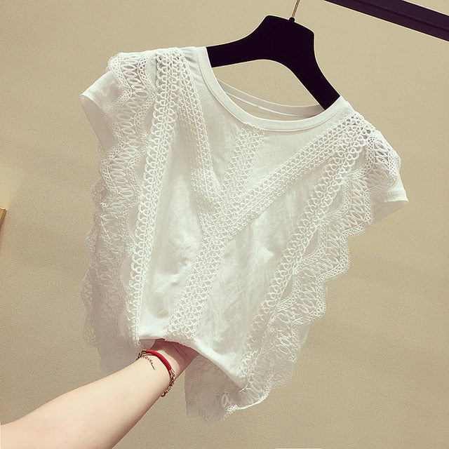Korean New Fashion Clothing Plus Size Solid Shirt Women Blouse Summer 2020 Womens Tops and Blouses Lace Patchwork Blusas 4835 50
