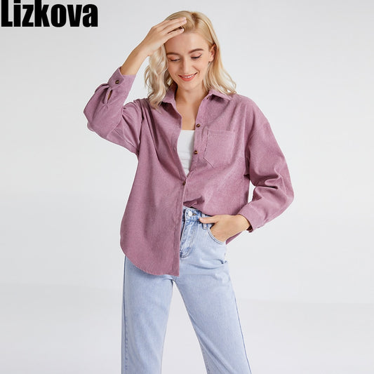 Lizkova Winter Corduroy Blouse Women VIntage Long Sleeve Shirt 2020 Jerseys Mujer Pink Oversized Tops 8867