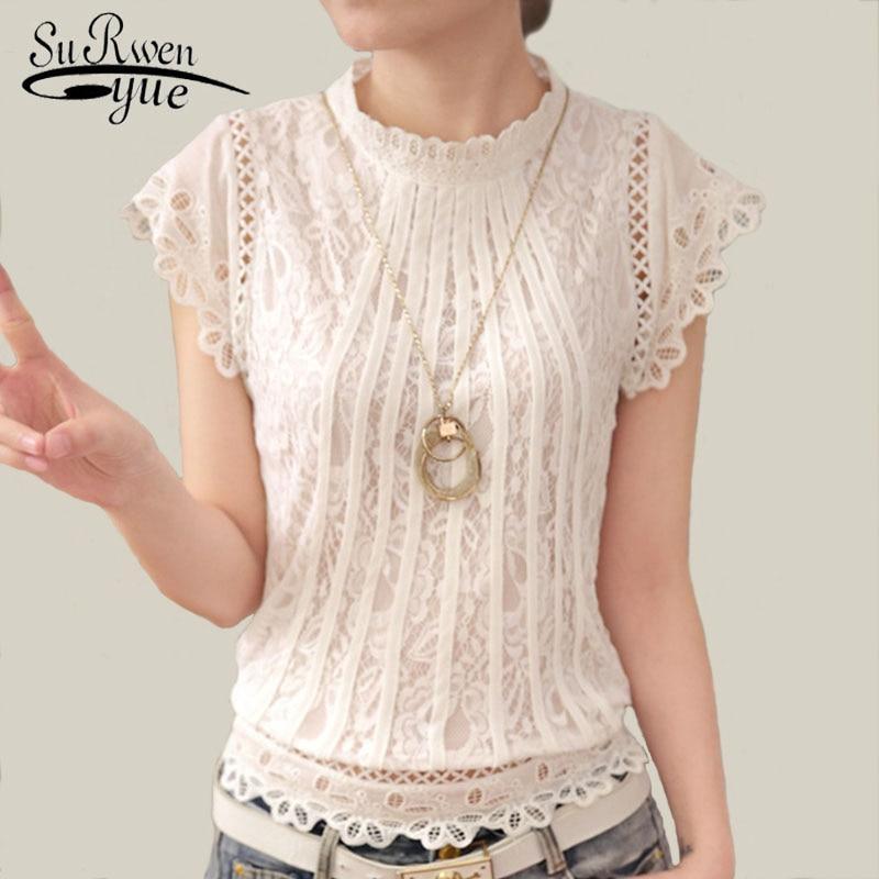 2020 Ladies White Lace Blouse Short Sleeve Stand Collar Women Tops Elegant Patchwork Crochet Women Shirt Plus Size Blusa 01C 20