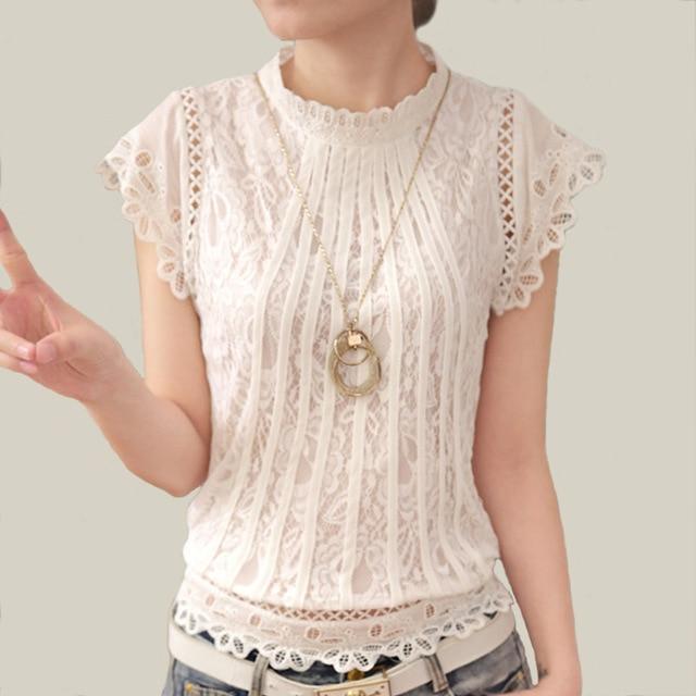 2020 Ladies White Lace Blouse Short Sleeve Stand Collar Women Tops Elegant Patchwork Crochet Women Shirt Plus Size Blusa 01C 20