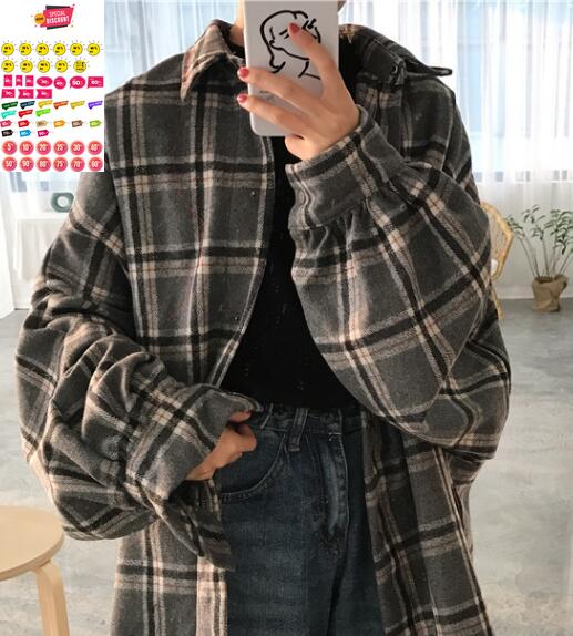 2019 Harajuku Autumn Plaid Thin Section Wool Cardigan Korean Puff Sleeve Slim Warm Shirt Jacket Retro Casual Women Button Top