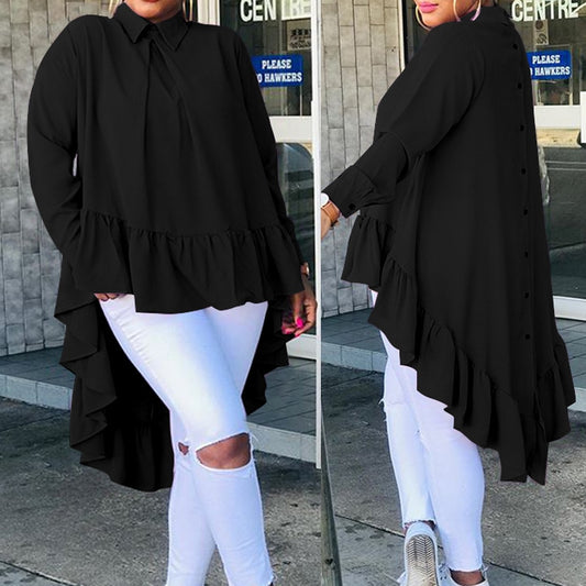 Celmia Women Asymmetrical Tops 2020 Fashion Solid Back Buttons Ruffles Shirts Long Sleeve Lapel Casual Blouses Ladies Blusas 5XL