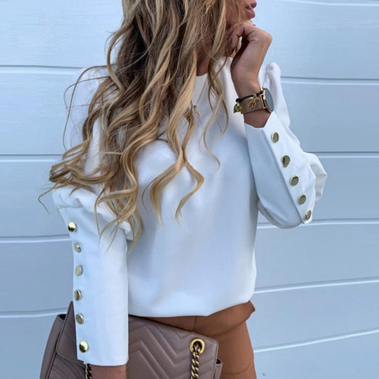 Fashion OL Women Blouses Metal Button Long Sleeve Shirts Ladies Casual O-Neck Solid Print Top Plus Size XXXL Spring Fall Clothes
