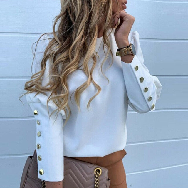 Fashion OL Women Blouses Metal Button Long Sleeve Shirts Ladies Casual O-Neck Solid Print Top Plus Size XXXL Spring Fall Clothes