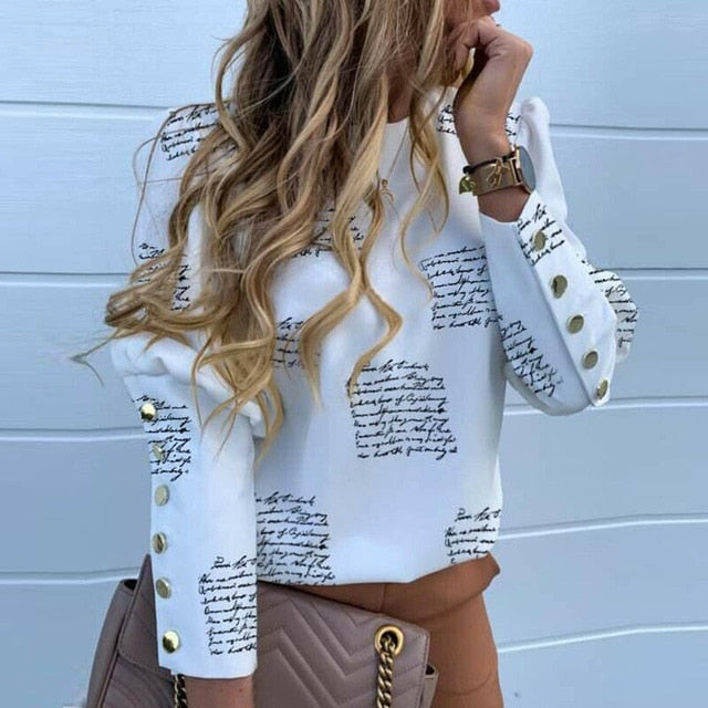 Fashion OL Women Blouses Metal Button Long Sleeve Shirts Ladies Casual O-Neck Solid Print Top Plus Size XXXL Spring Fall Clothes