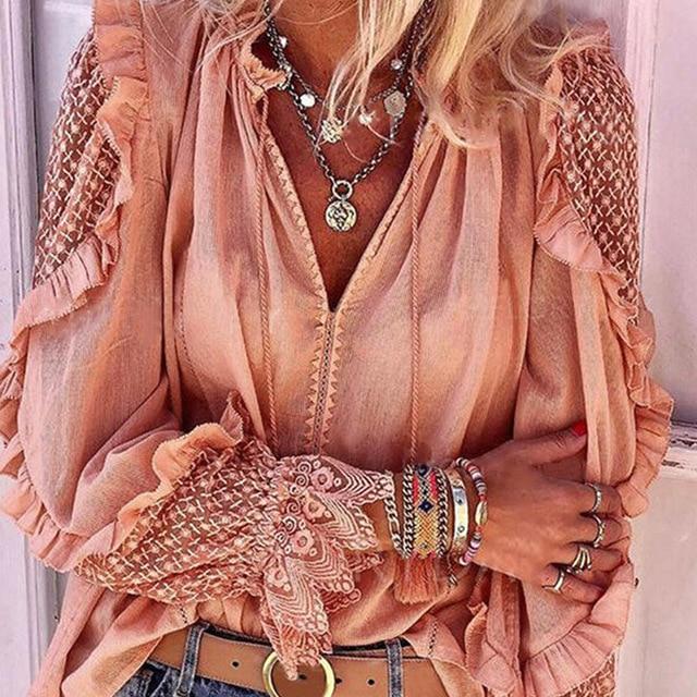 Fashion 2020 Summer Women Shirt Blouse V-neck Lace Hollow Out Top 5XL Embroidery Long Sleeve Casual Fashion Patchwork Shirts New