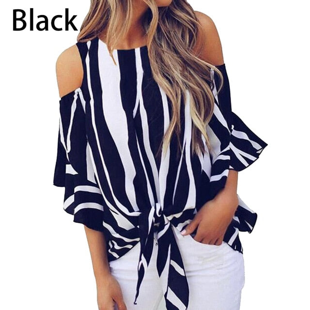 Fashion Women Cold Off Shoulder Stripe Loose Tops Butterfly Short Sleeve O-neck Summer Casual Baggy Tie Knot Blouse Shirt
