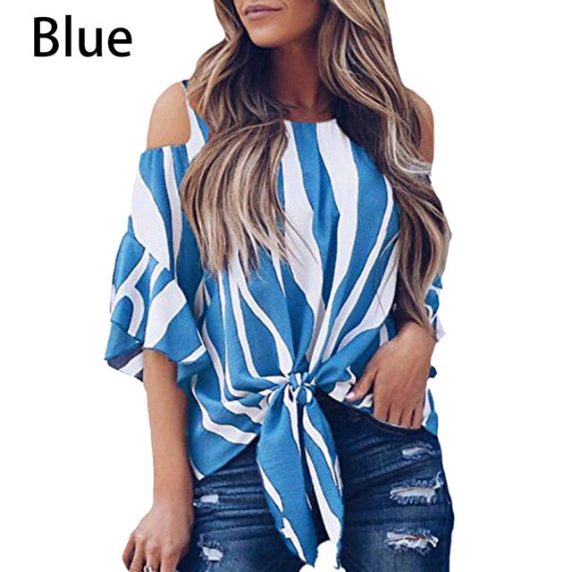 Fashion Women Cold Off Shoulder Stripe Loose Tops Butterfly Short Sleeve O-neck Summer Casual Baggy Tie Knot Blouse Shirt