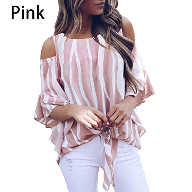 Fashion Women Cold Off Shoulder Stripe Loose Tops Butterfly Short Sleeve O-neck Summer Casual Baggy Tie Knot Blouse Shirt