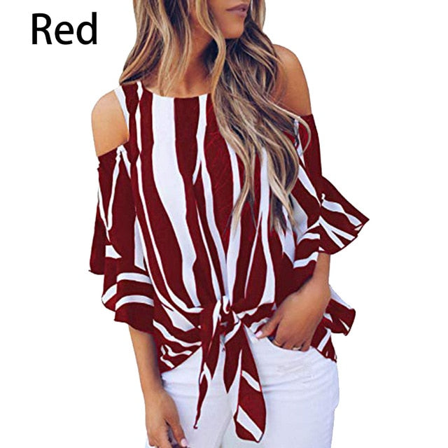 Fashion Women Cold Off Shoulder Stripe Loose Tops Butterfly Short Sleeve O-neck Summer Casual Baggy Tie Knot Blouse Shirt