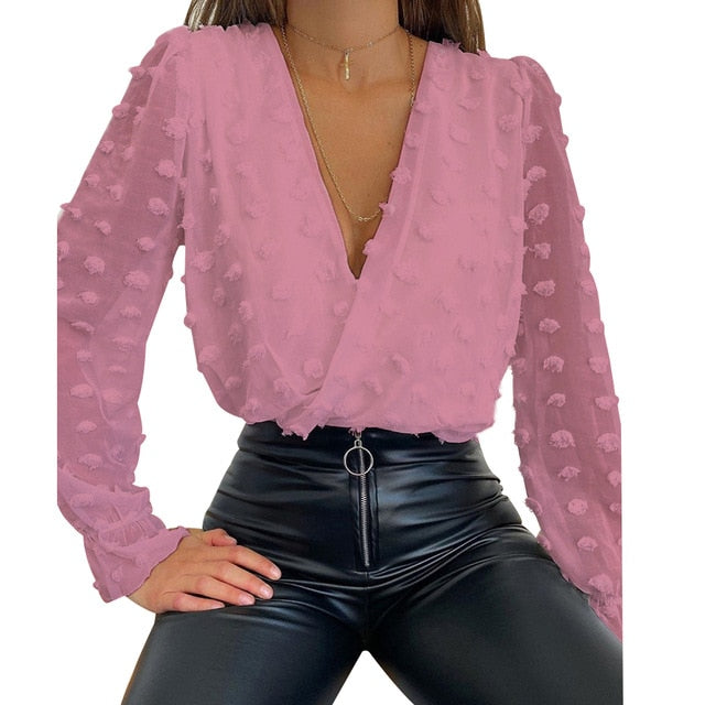 Ladies Sexy Dobby Shirt Women Deep V Neck Top Spring And Autumn Fashion Chic Blusas Solid Color Mesh Blouse Perspective Top D30