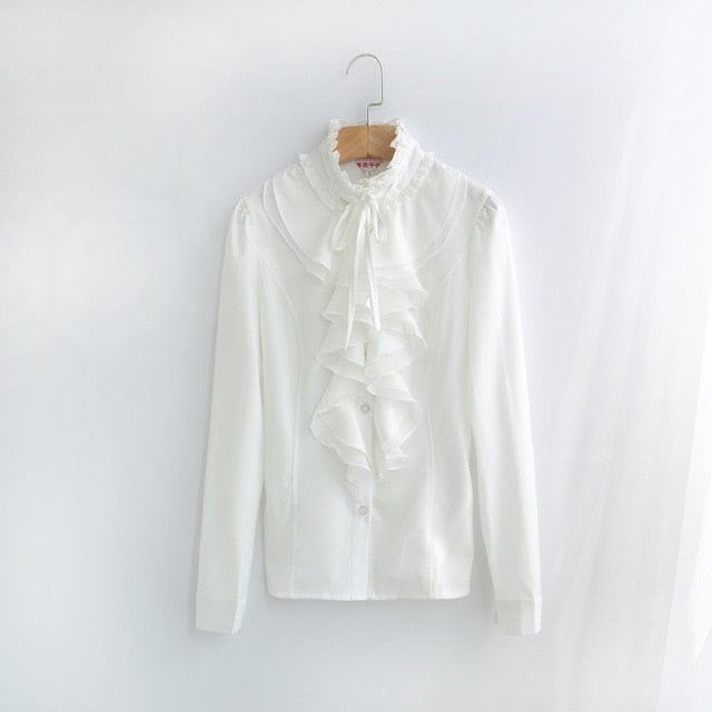 new Blouse Women Lantern Sleeve White Button Necktie Shirts