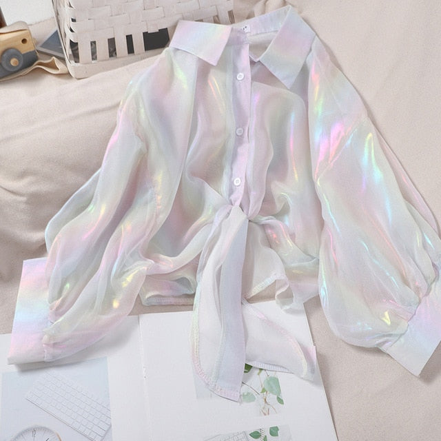 HELIAR Spring Women Shining Sparkles Shirts Long Sleeve Button Up Chiffon Shirts Transparent Sexy Blouses For Women Club Cloth