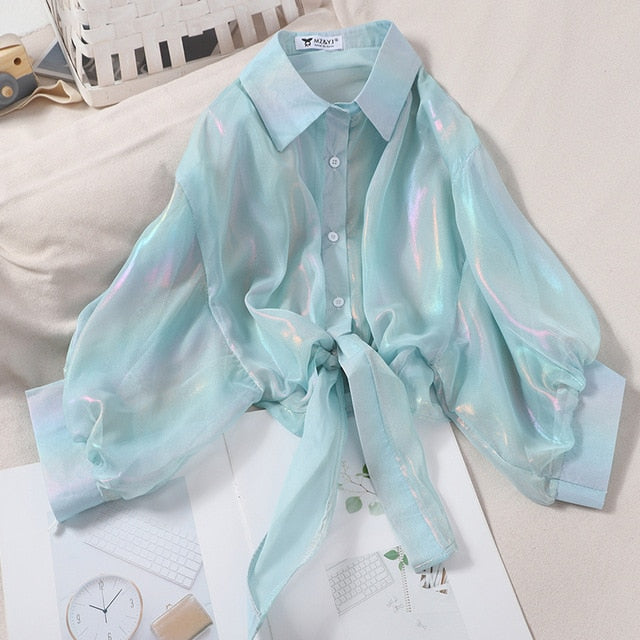 HELIAR Spring Women Shining Sparkles Shirts Long Sleeve Button Up Chiffon Shirts Transparent Sexy Blouses For Women Club Cloth