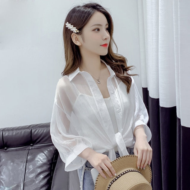 HELIAR Spring Women Shining Sparkles Shirts Long Sleeve Button Up Chiffon Shirts Transparent Sexy Blouses For Women Club Cloth