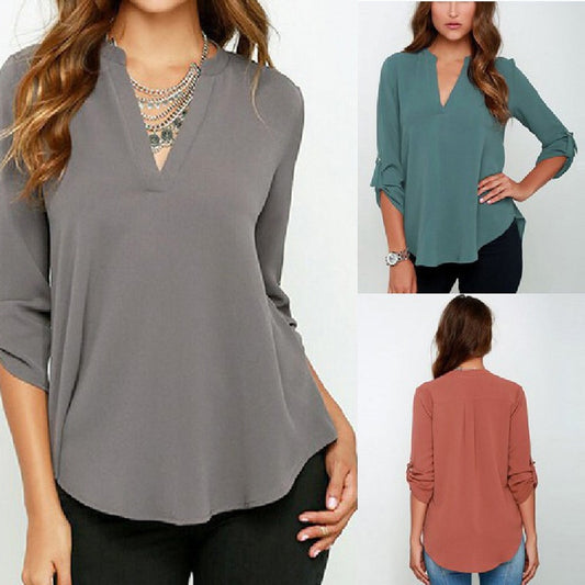 Autumn Women V-neck Chiffon Blouse 3/4 Sleeve Female Solid Casual Shirt Large Size Feminina Camisas Blusas Plus Size