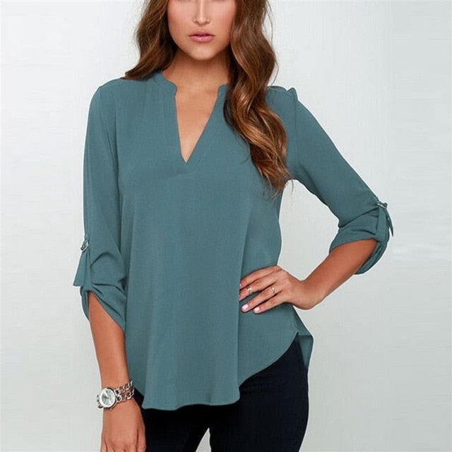 Autumn Women V-neck Chiffon Blouse 3/4 Sleeve Female Solid Casual Shirt Large Size Feminina Camisas Blusas Plus Size