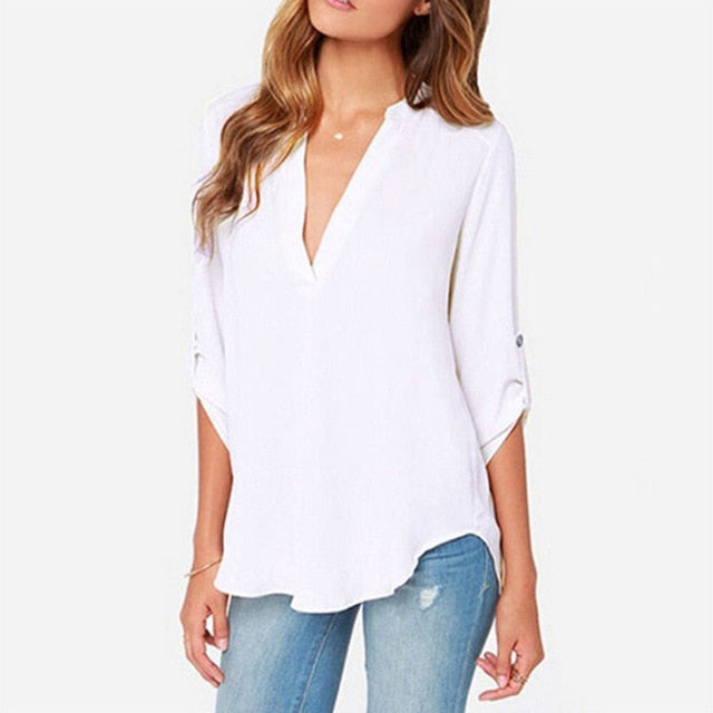 Autumn Women V-neck Chiffon Blouse 3/4 Sleeve Female Solid Casual Shirt Large Size Feminina Camisas Blusas Plus Size