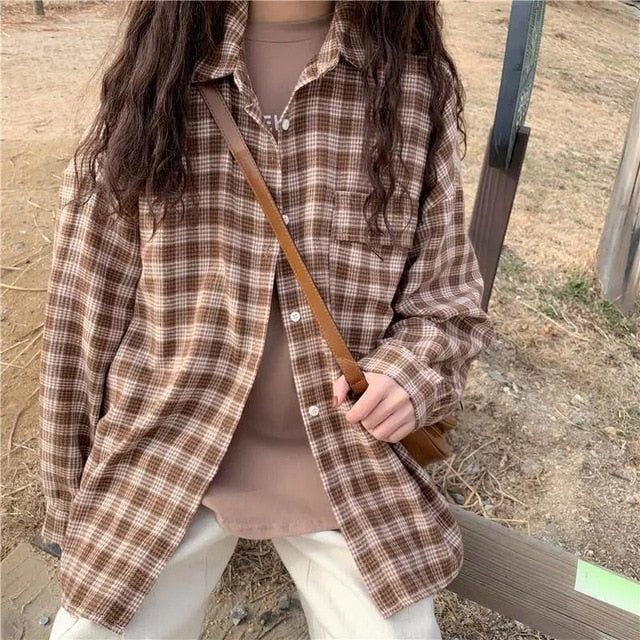 Blouse Women Woolen Plaid Coat Plaid Shirt for Women Thickened Long Sleeve Top Shirt Blusas Ropa De Mujer