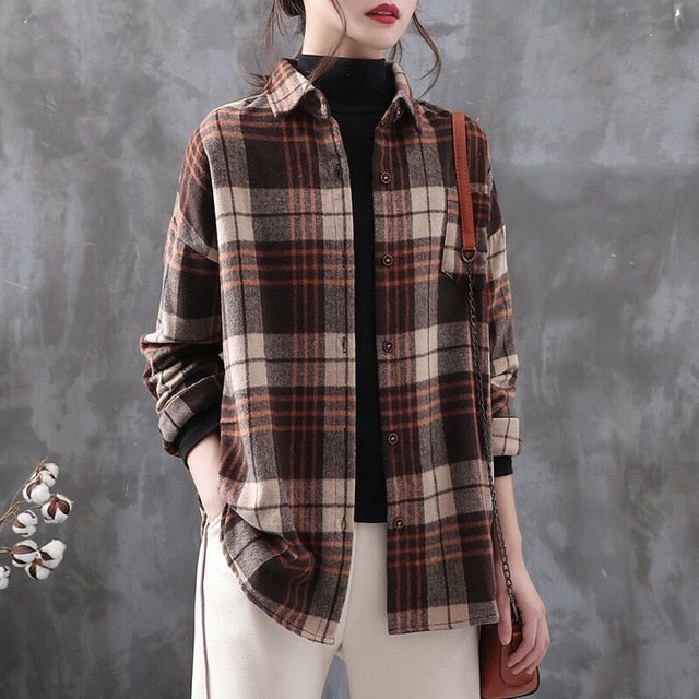 Blouse Women Woolen Plaid Coat Plaid Shirt for Women Thickened Long Sleeve Top Shirt Blusas Ropa De Mujer