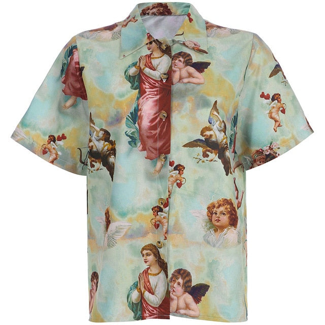 Women's Classic Angel Print Loose Thin Shirt Women Streetwear Roupas Femininas Bluse Women Summer Tops for Women Clothes 2020
