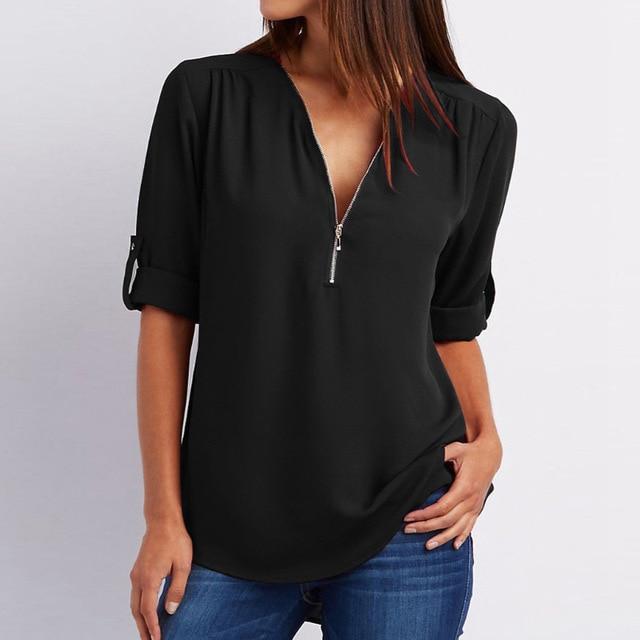 Women Chiffon V-Neck Blouse Summer Autumn Casual Half Sleeve Solid Tops Loose Zipper Bluses Shirts Plus Size
