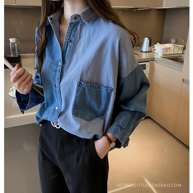 2020 Autumn New camisa jeans feminina Shirt cotton Female Long Sleeve women's denim Shirt loose Korean plus size blouse 7256 50