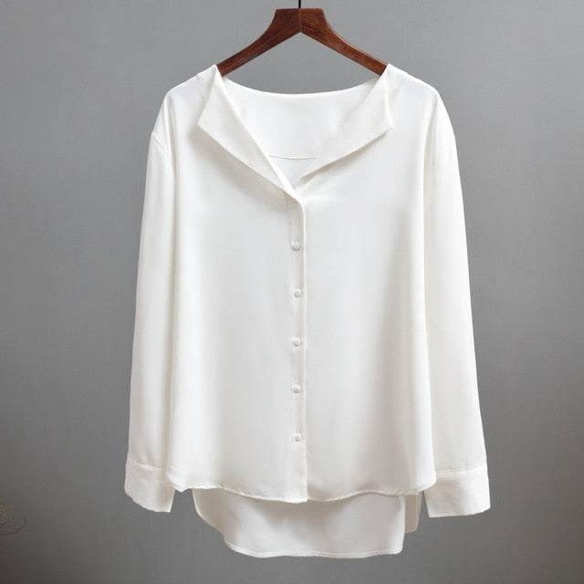 Casual Solid Female Shirts Outwear Tops 2020 Autumn New Women Chiffon Blouse Office Lady V-neck Button Loose Clothing 5104 50