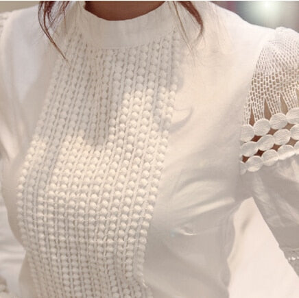 2020 Summer New Women Blouses Slim Bottoming Long-sleeved White Shirt Lace Hook Flower Hollow Casual Shirts Blouse Plus Size 5xl
