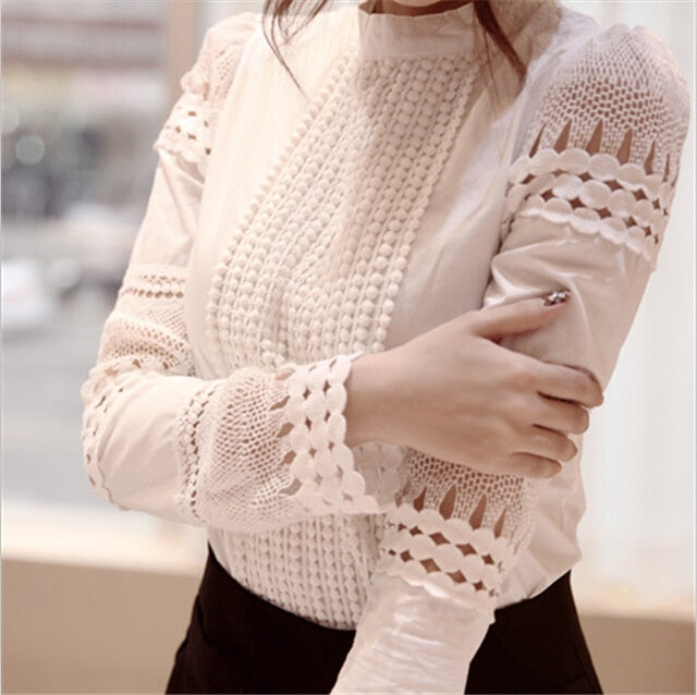 2020 Summer New Women Blouses Slim Bottoming Long-sleeved White Shirt Lace Hook Flower Hollow Casual Shirts Blouse Plus Size 5xl