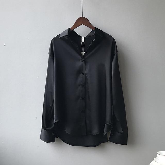 White Satin Shirt Oversize Women Long Sleeve Button Up Office Blouse Elegant Spring Summer 2021 Fashion Top Black Green