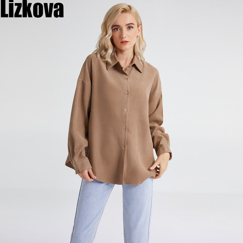 Lizkova Winter Warm Oversized Blouse Women White Plus Size Twill Shirt 2020 Long Sleeve Casual Tops 8876