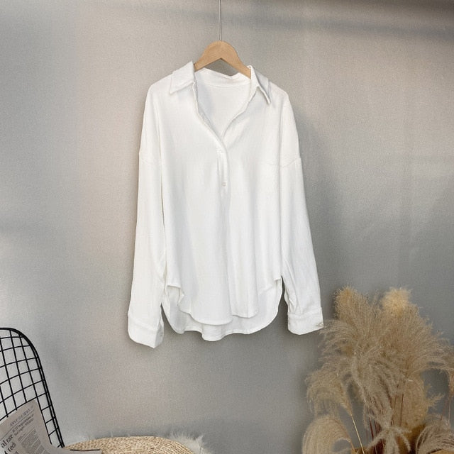 Lizkova Winter Warm Oversized Blouse Women White Plus Size Twill Shirt 2020 Long Sleeve Casual Tops 8876